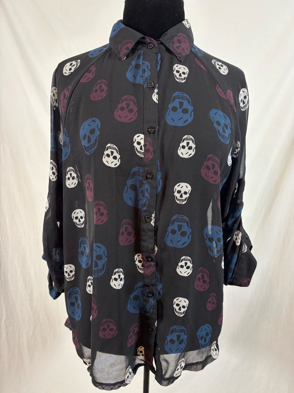 Candy Couture Plus 1X Skull Print Sheer Chiffon Hi Low Blouse Whimsigoth Goth